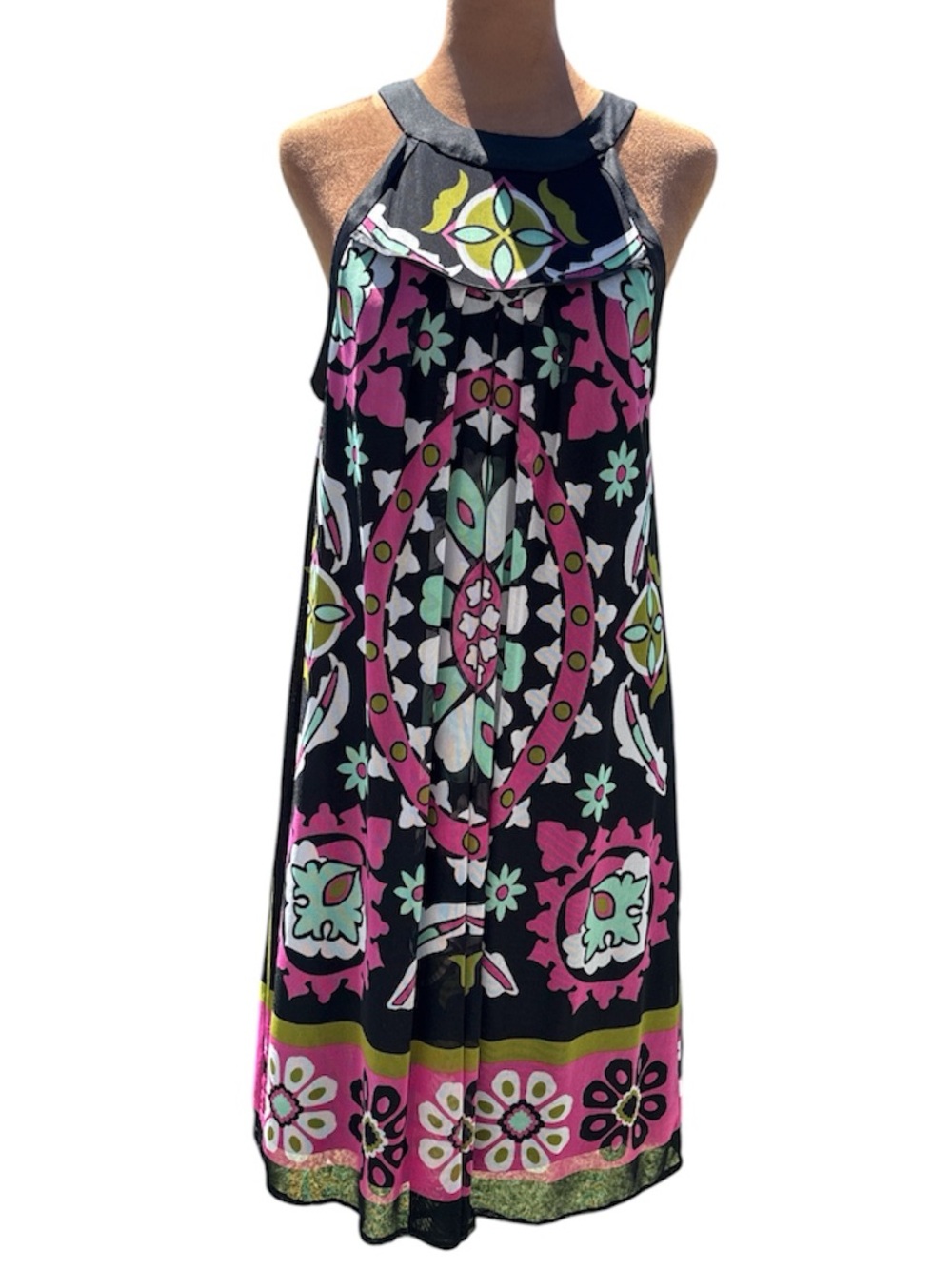 NICOLE BY NICOLE MILLER Halter Dress Black Pink Patterned Size 10 EUC